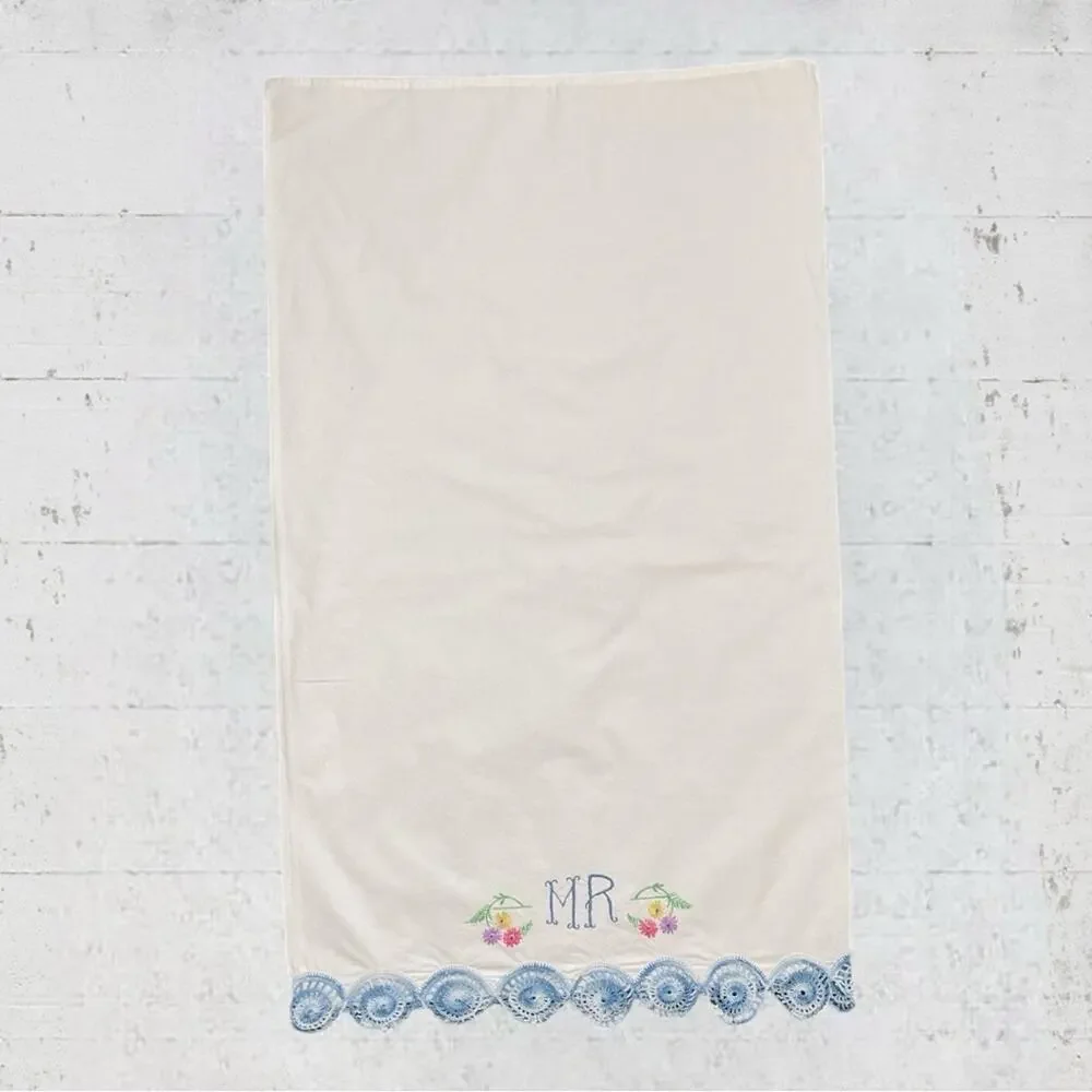 King Size Hand Embroidered Crochet Mr & Mrs Pillowcases Cottagecore
